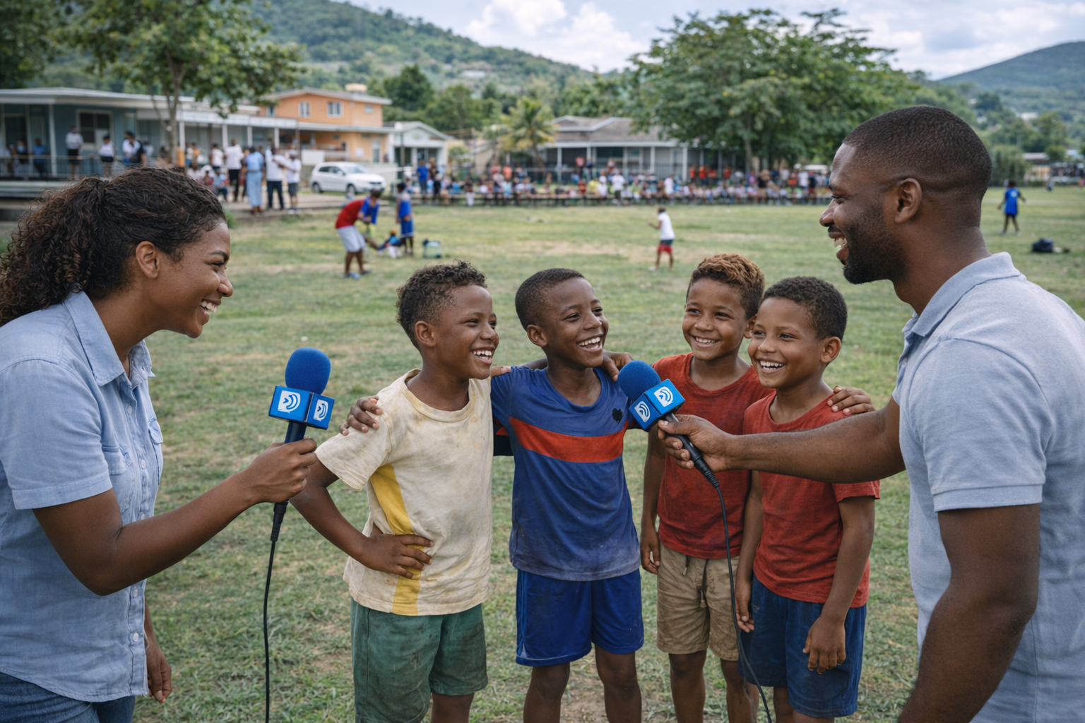 Youth players being interviewed on a Caribbean sports field