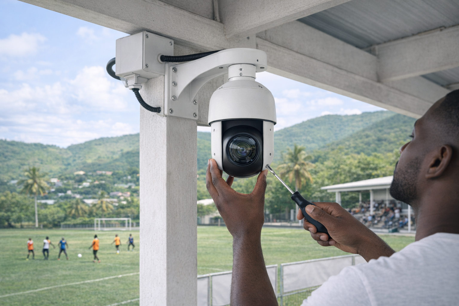 Technician installing a permanent PTZ camera at a Caribbean sports pavilion