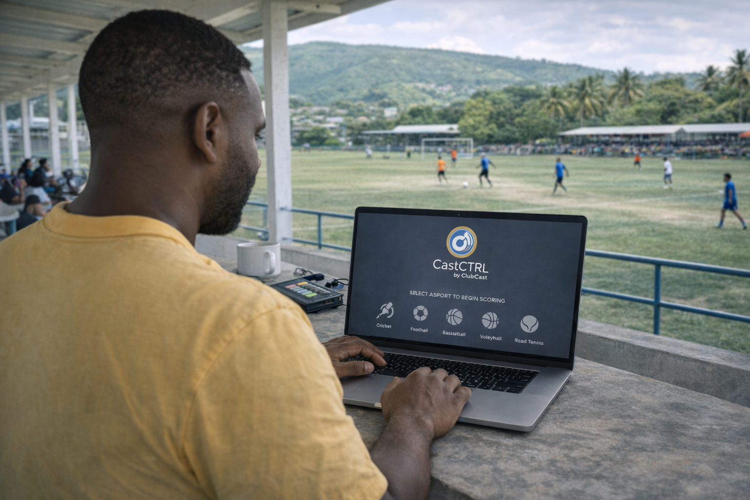 Operator using CastCTRL beside a Caribbean playing field